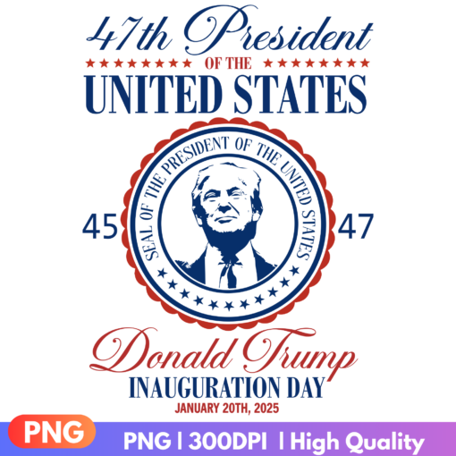 Donald Trump Inauguration Day 2025 PNG featuring 47th US President design and 45 47 branding for crafting and memorabilia