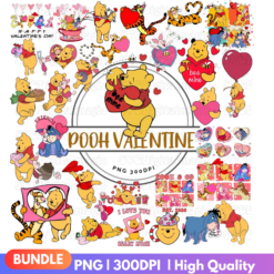 30 Cartoon Pooh Disney Valentine PNG designs featuring love-themed Winnie the Pooh and friends for crafts and printables