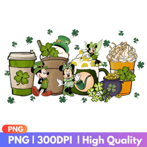 Mickey and Minnie in Irish green, holding coffee mugs, St. Patrick’s Day-themed PNG design