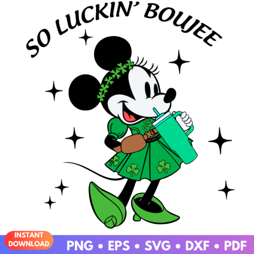 Minnie So Luckin Boujee St Patrick's Day SVG design featuring Minnie Mouse with shamrocks and a festive theme