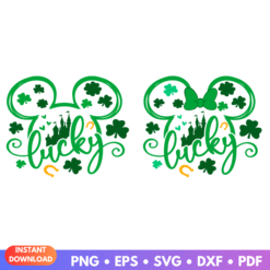 Lucky Disney Mouse Head SVG design featuring a mouse head with shamrocks for St. Patrick's Day crafts.