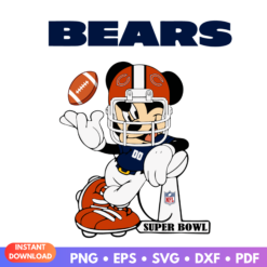 Mickey Mouse Chicago Bears Football Super Bowl SVG featuring Mickey with a football and team colors.